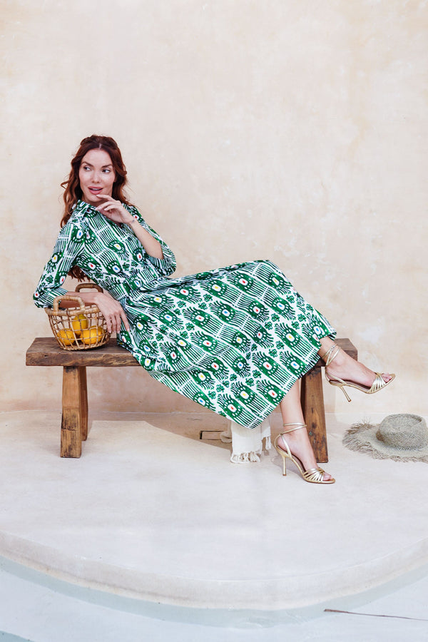 Audrey Dress #1 Shirt Collar 3/4 Sleeve Midi Length Cotton Stretch (Ikat Gap)