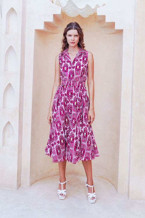 Avenue Dress Shirt Collar Sleeveless Midi Length Cotton Musola (Ikat Gap)