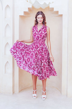 Avenue Dress Shirt Collar Sleeveless Midi Length Cotton Musola (Ikat Gap)