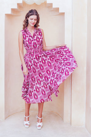 Avenue Dress Shirt Collar Sleeveless Midi Length Cotton Musola (Ikat Gap)