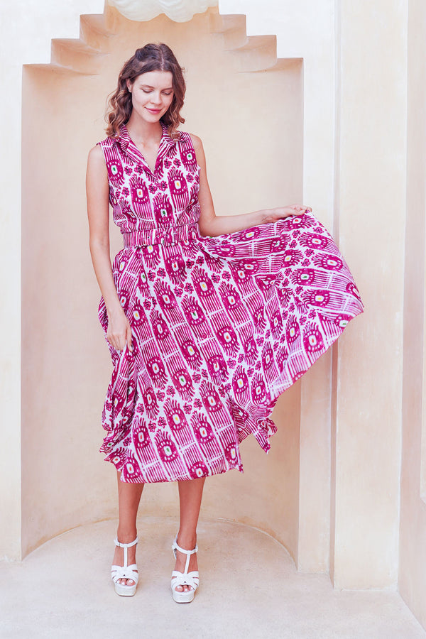 Avenue Dress Shirt Collar Sleeveless Midi Length Cotton Musola (Ikat Gap)