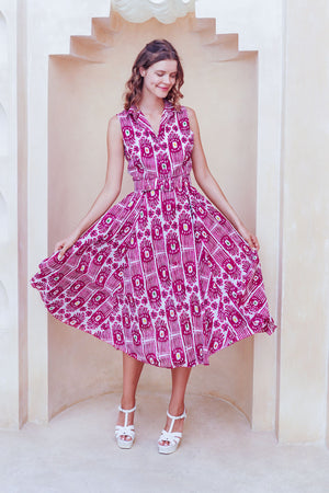 Avenue Dress Shirt Collar Sleeveless Midi Length Cotton Musola (Ikat Gap)