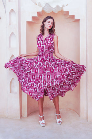 Avenue Dress Shirt Collar Sleeveless Midi Length Cotton Musola (Ikat Gap)