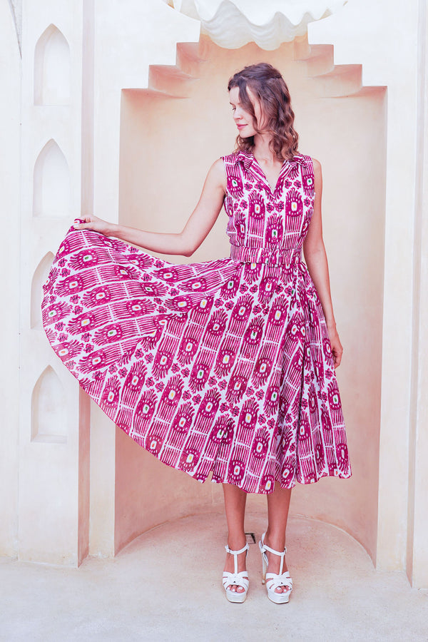 Avenue Dress Shirt Collar Sleeveless Midi Length Cotton Musola (Ikat Gap)