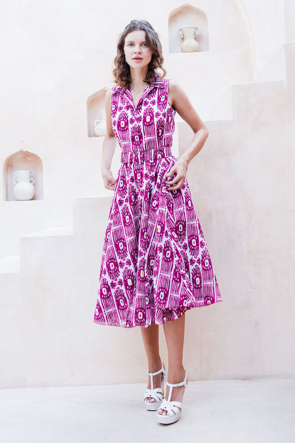 Avenue Dress Shirt Collar Sleeveless Midi Length Cotton Musola (Ikat Gap)