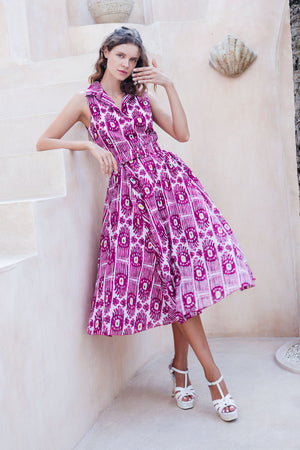 Avenue Dress Shirt Collar Sleeveless Midi Length Cotton Musola (Ikat Gap)