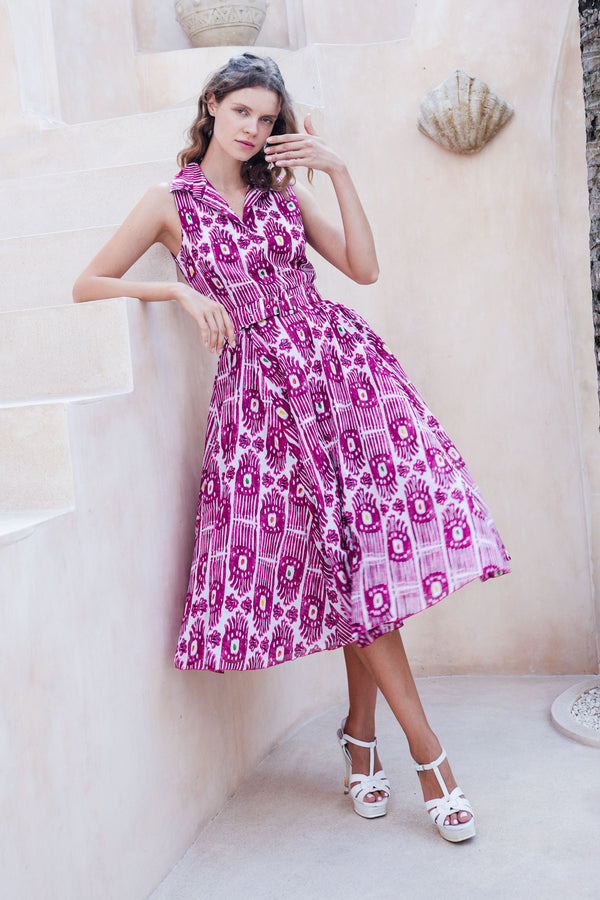 Avenue Dress Shirt Collar Sleeveless Midi Length Cotton Musola (Ikat Gap)