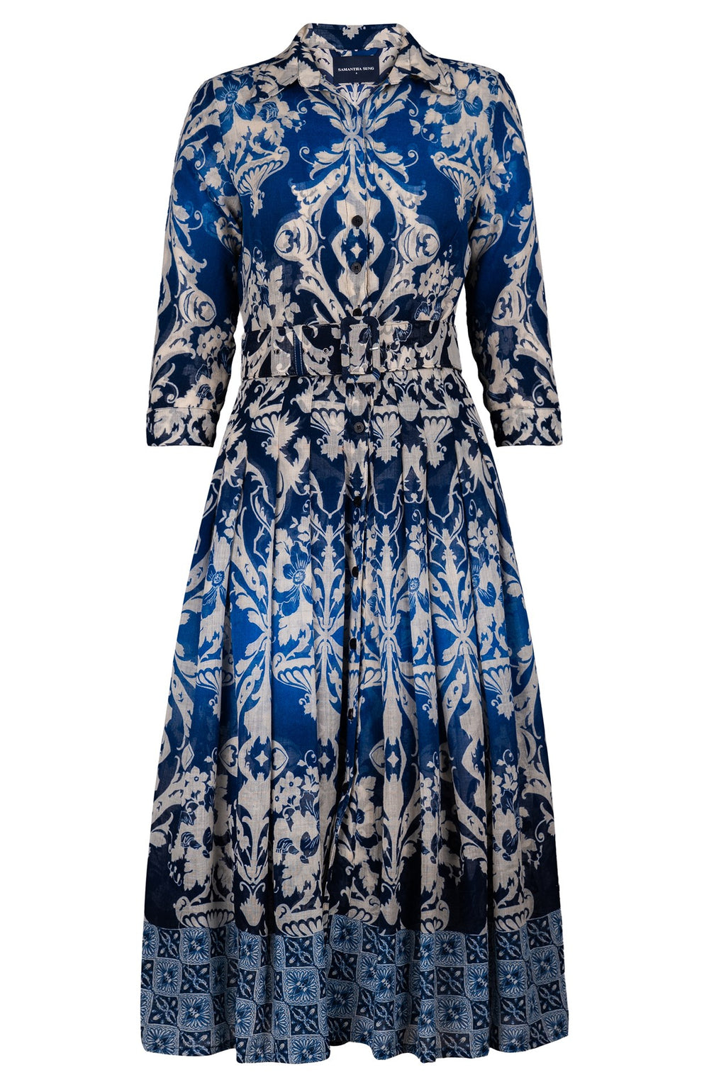 Audrey Dress #4 Shirt Collar 3/4 Sleeve Midi Length Wool (Impero Ombre) - Indigo