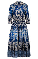 Audrey Dress #4 Shirt Collar 3/4 Sleeve Midi Length Wool (Impero Ombre) - Indigo