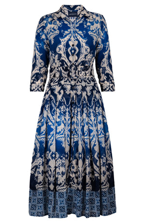 Audrey Dress #4 Shirt Collar 3/4 Sleeve Midi Length Wool (Impero Ombre) - Indigo