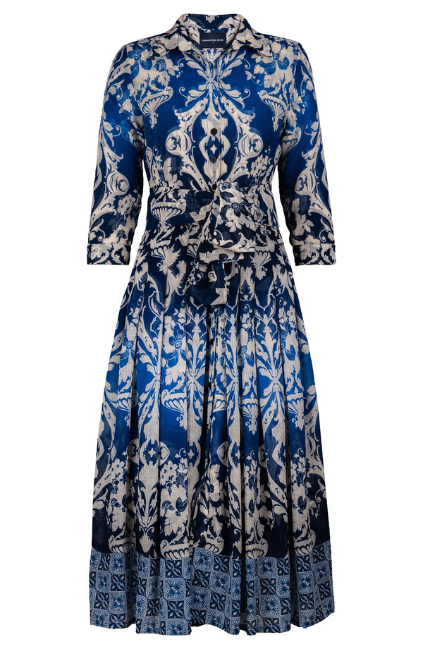 Audrey Dress #4 Shirt Collar 3/4 Sleeve Midi Length Wool (Impero Ombre) - Indigo
