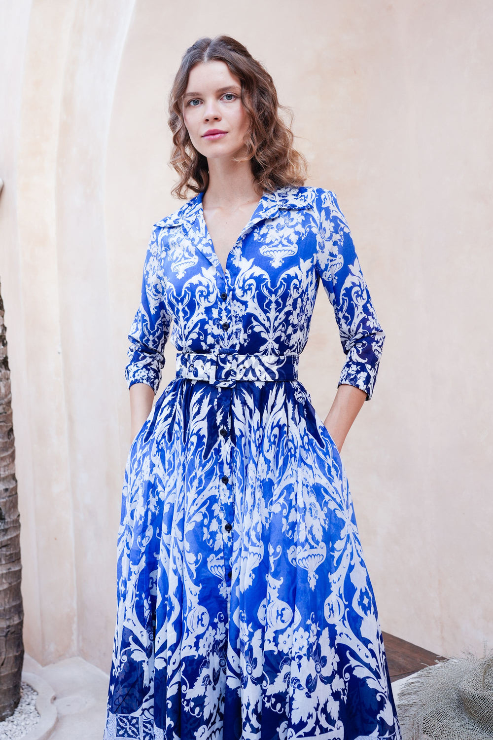 Aster Dress Shirt Collar 3/4 Sleeve Midi Length Cotton Musola (Impero Ombre)