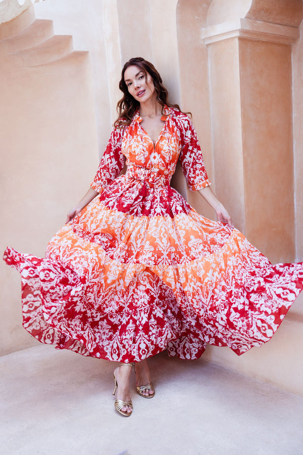 Eden Dress Crew Neck 3/4 Sleeve Maxi Length Cotton Musola (Impero Ombre)