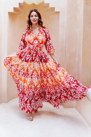 Eden Dress Crew Neck 3/4 Sleeve Maxi Length Cotton Musola (Impero Ombre)