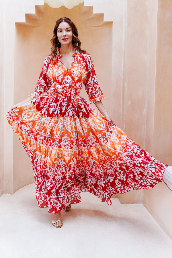 Eden Dress Crew Neck 3/4 Sleeve Maxi Length Cotton Musola (Impero Ombre)