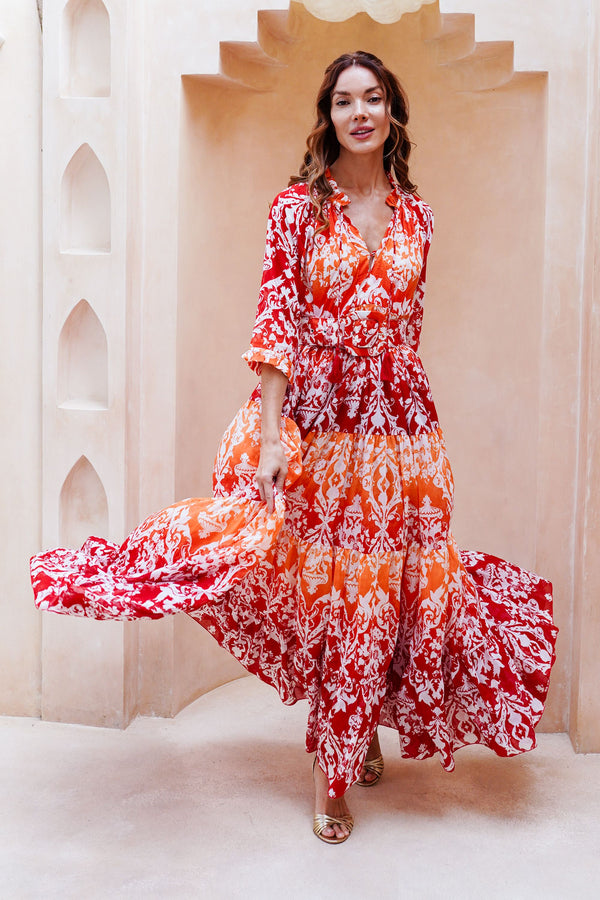 Eden Dress Crew Neck 3/4 Sleeve Maxi Length Cotton Musola (Impero Ombre)