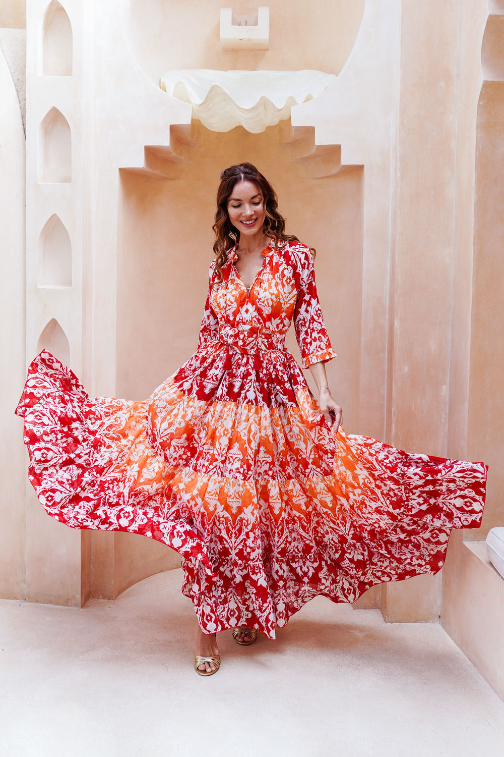 Eden Dress Crew Neck 3/4 Sleeve Maxi Length Cotton Musola (Impero Ombre)