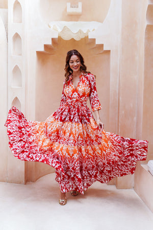 Eden Dress Crew Neck 3/4 Sleeve Maxi Length Cotton Musola (Impero Ombre)