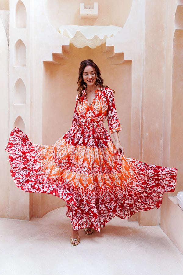 Eden Dress Crew Neck 3/4 Sleeve Maxi Length Cotton Musola (Impero Ombre)