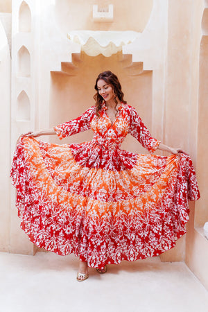 Eden Dress Crew Neck 3/4 Sleeve Maxi Length Cotton Musola (Impero Ombre)