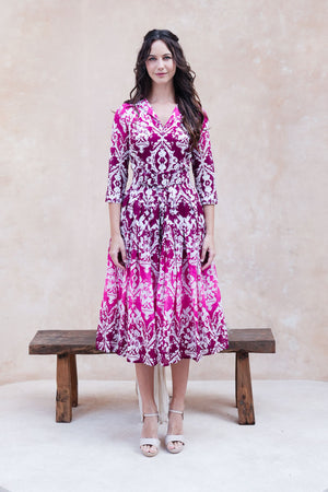 Audrey Dress #4 Shirt Collar 3/4 Sleeve Midi Length Cotton Musola (Impero Ombre)