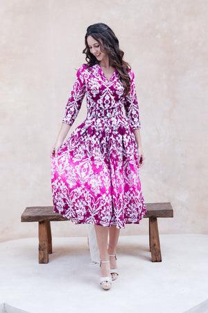 Audrey Dress #4 Shirt Collar 3/4 Sleeve Midi Length Cotton Musola (Impero Ombre)