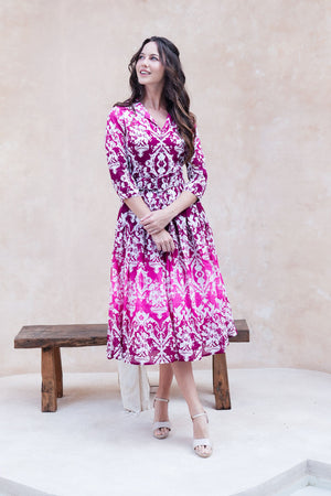 Audrey Dress #4 Shirt Collar 3/4 Sleeve Midi Length Cotton Musola (Impero Ombre)