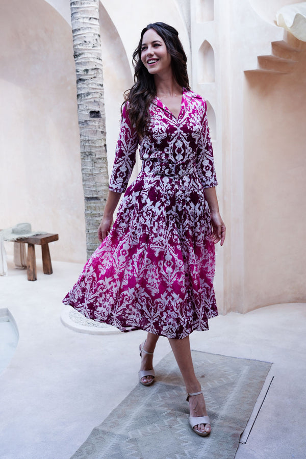 Audrey Dress #4 Shirt Collar 3/4 Sleeve Midi Length Cotton Musola (Impero Ombre)