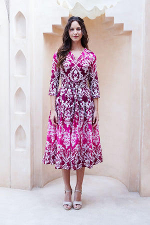 Audrey Dress #4 Shirt Collar 3/4 Sleeve Midi Length Cotton Musola (Impero Ombre)