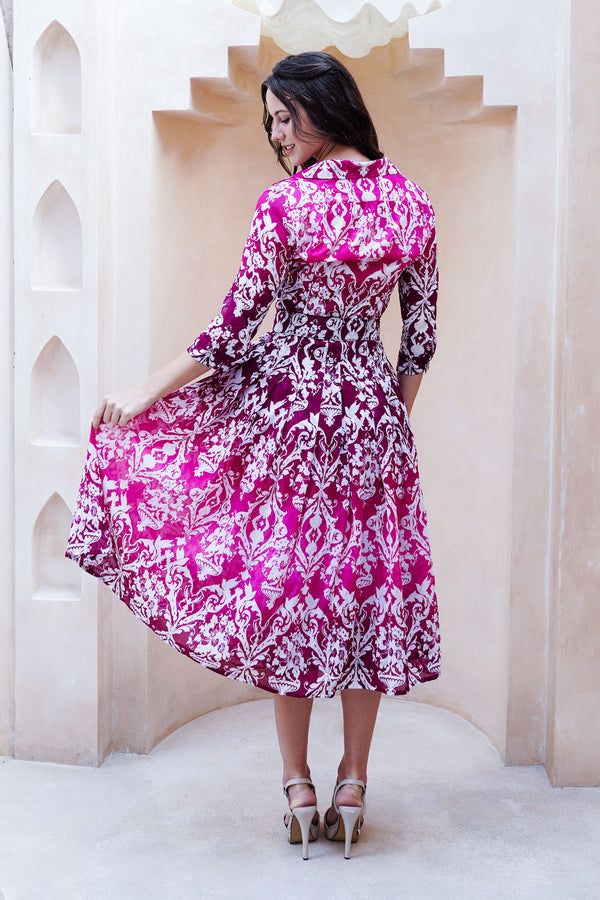 Audrey Dress #4 Shirt Collar 3/4 Sleeve Midi Length Cotton Musola (Impero Ombre)