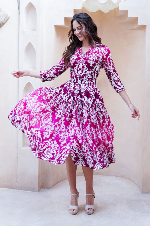 Audrey Dress #4 Shirt Collar 3/4 Sleeve Midi Length Cotton Musola (Impero Ombre)