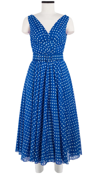 Vivien Dress #1 V Neck Sleeveless Midi Length Cotton Musola (Indigo Check)