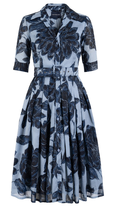 Audrey Dress #4 Shirt Collar 1/2 Sleeve Long Length Cotton Musola (Indigo Garden Ground)