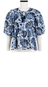 Anastasia Blouse #2 Crew Neck Slit 3/4 Puff Sleeve Linen (Indigo Poppies)