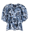 Anastasia Blouse #2 Crew Neck Slit 3/4 Puff Sleeve Linen (Indigo Poppies)