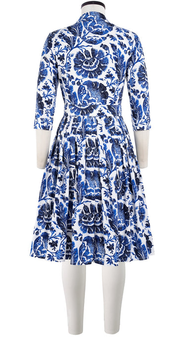 Audrey Dress #2 Shirt Collar 3/4 Sleeve Cotton Stretch (Indigo Poppies)