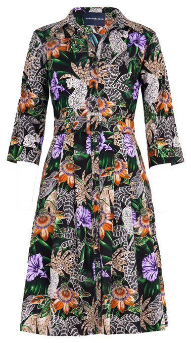 Audrey Dress #3 Shirt Collar 3/4 Sleeve Cotton Stretch (Jungle Tiger)