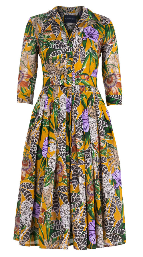 Audrey Dress #4 Shirt Collar 3/4 Sleeve Midi Length Cotton Musola (Jungle Tiger)