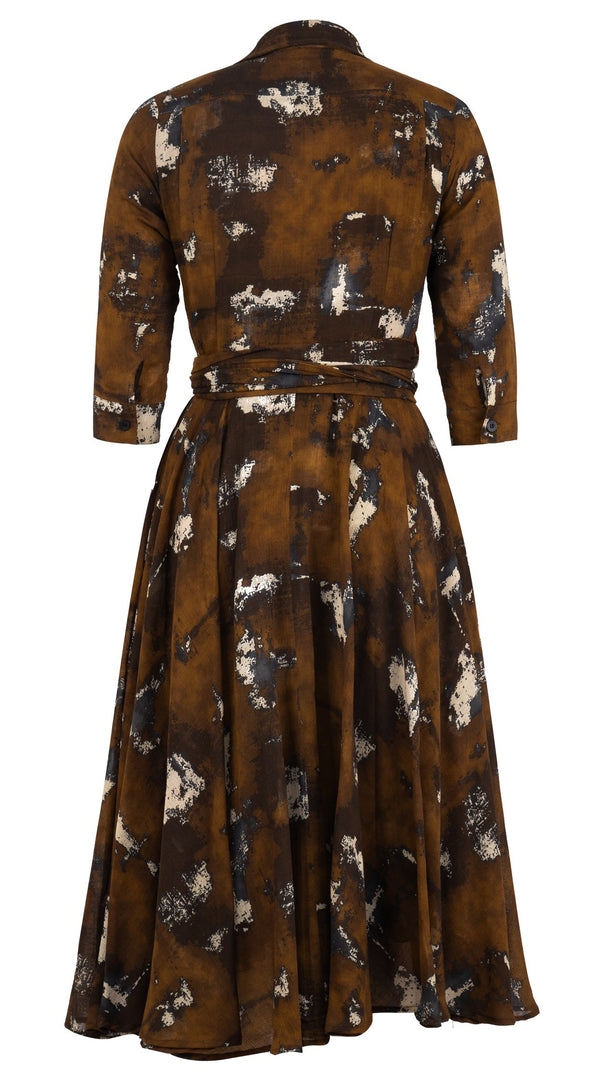 Olivia Dress Shirt Collar 3/4 Sleeve Midi Length Wool Musola (Jupitar Check) - Ochra
