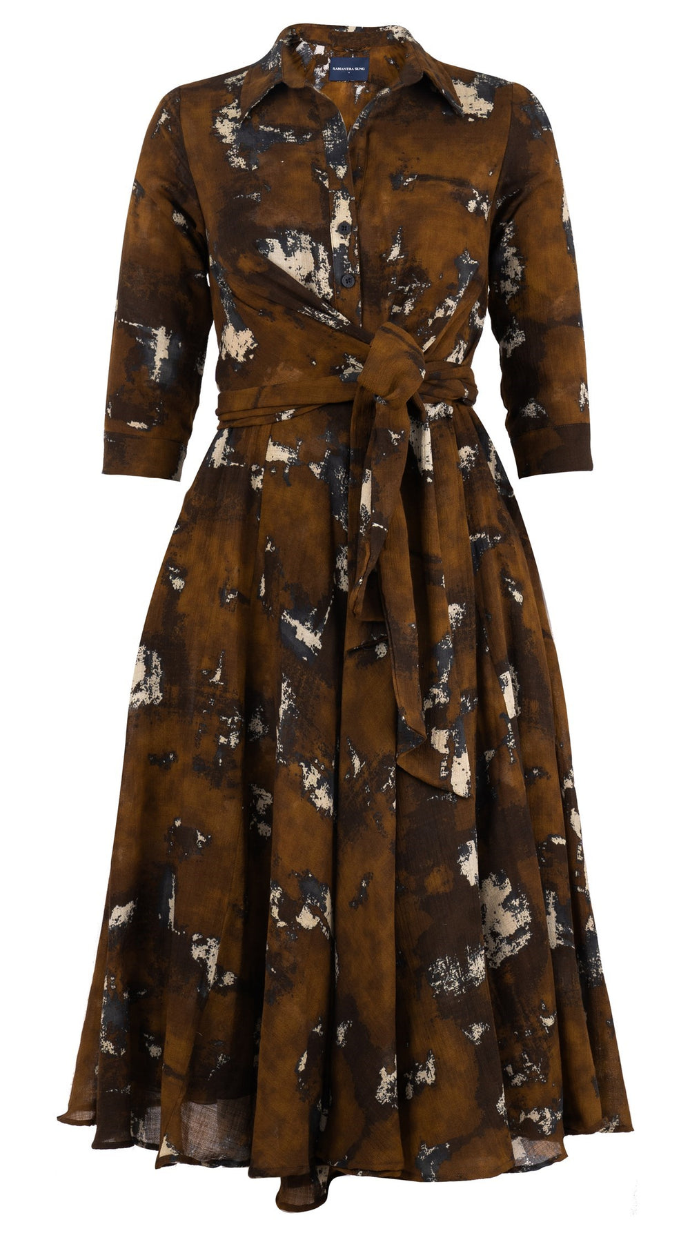 Olivia Dress Shirt Collar 3/4 Sleeve Midi Length Wool Musola (Jupitar Check) - Ochra