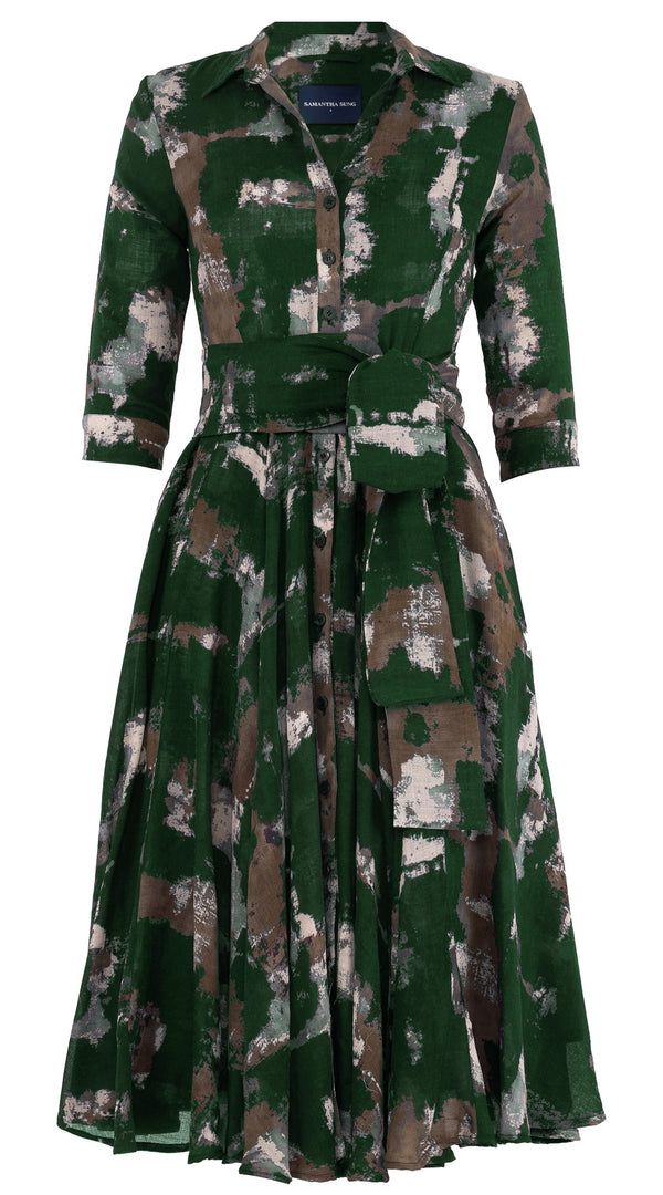 Aster Dress Shirt Collar 3/4 Sleeve Midi Length Wool Musola (Jupitar Check) - Green