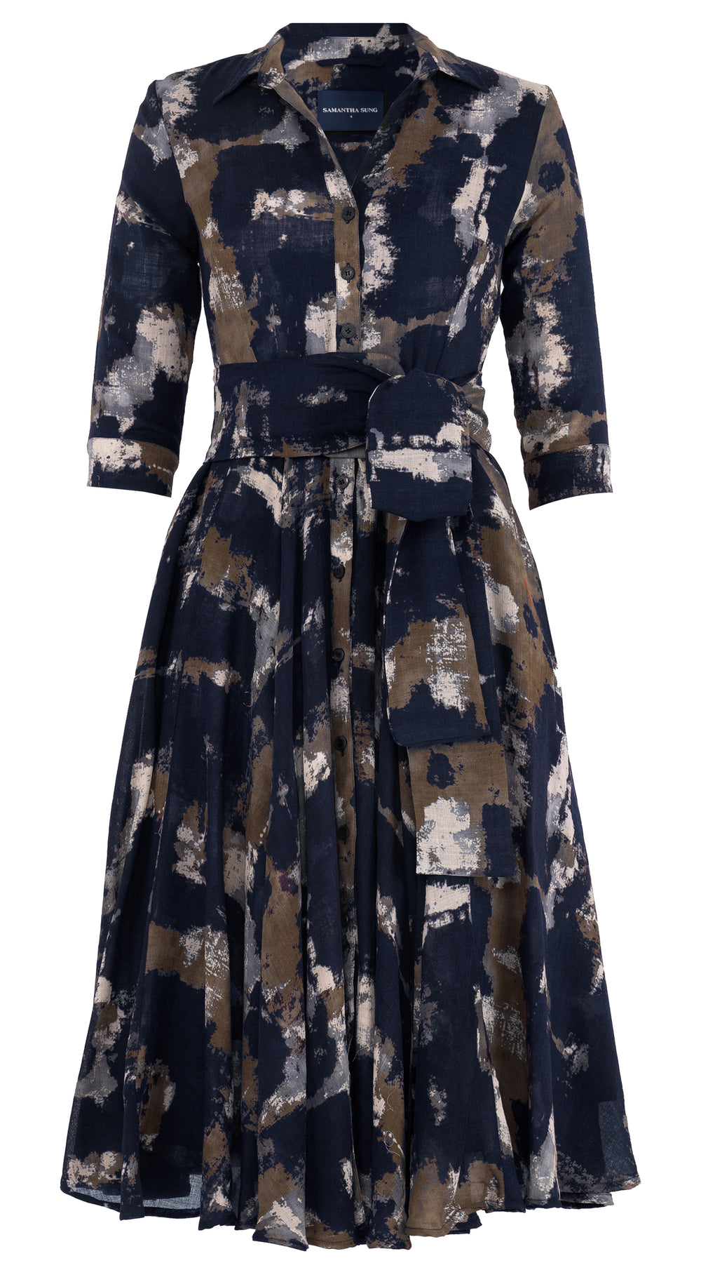 Aster Dress Shirt Collar 3/4 Sleeve Midi Length Wool (Jupitar Check) - Indigo