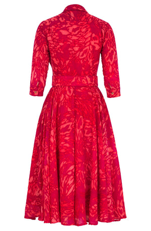 Amber Dress Shirt Collar 3/4 Sleeve Midi Length Wool (Kanu Leopard Bright) - Pink