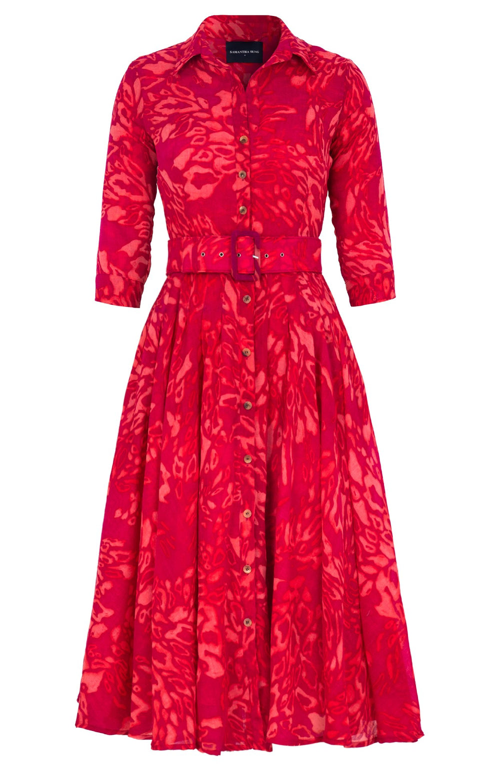 Amber Dress Shirt Collar 3/4 Sleeve Midi Length Wool (Kanu Leopard Bright) - Pink