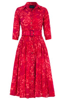 Amber Dress Shirt Collar 3/4 Sleeve Midi Length Wool (Kanu Leopard Bright) - Pink
