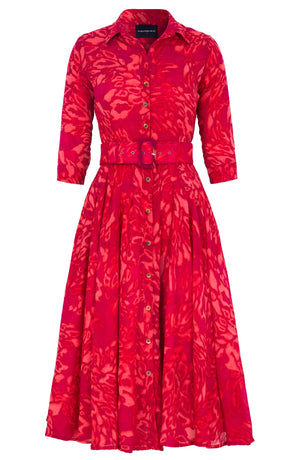 Amber Dress Shirt Collar 3/4 Sleeve Midi Length Wool (Kanu Leopard Bright) - Pink