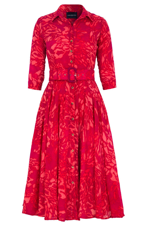 Amber Dress Shirt Collar 3/4 Sleeve Midi Length Wool (Kanu Leopard Bright) - Pink