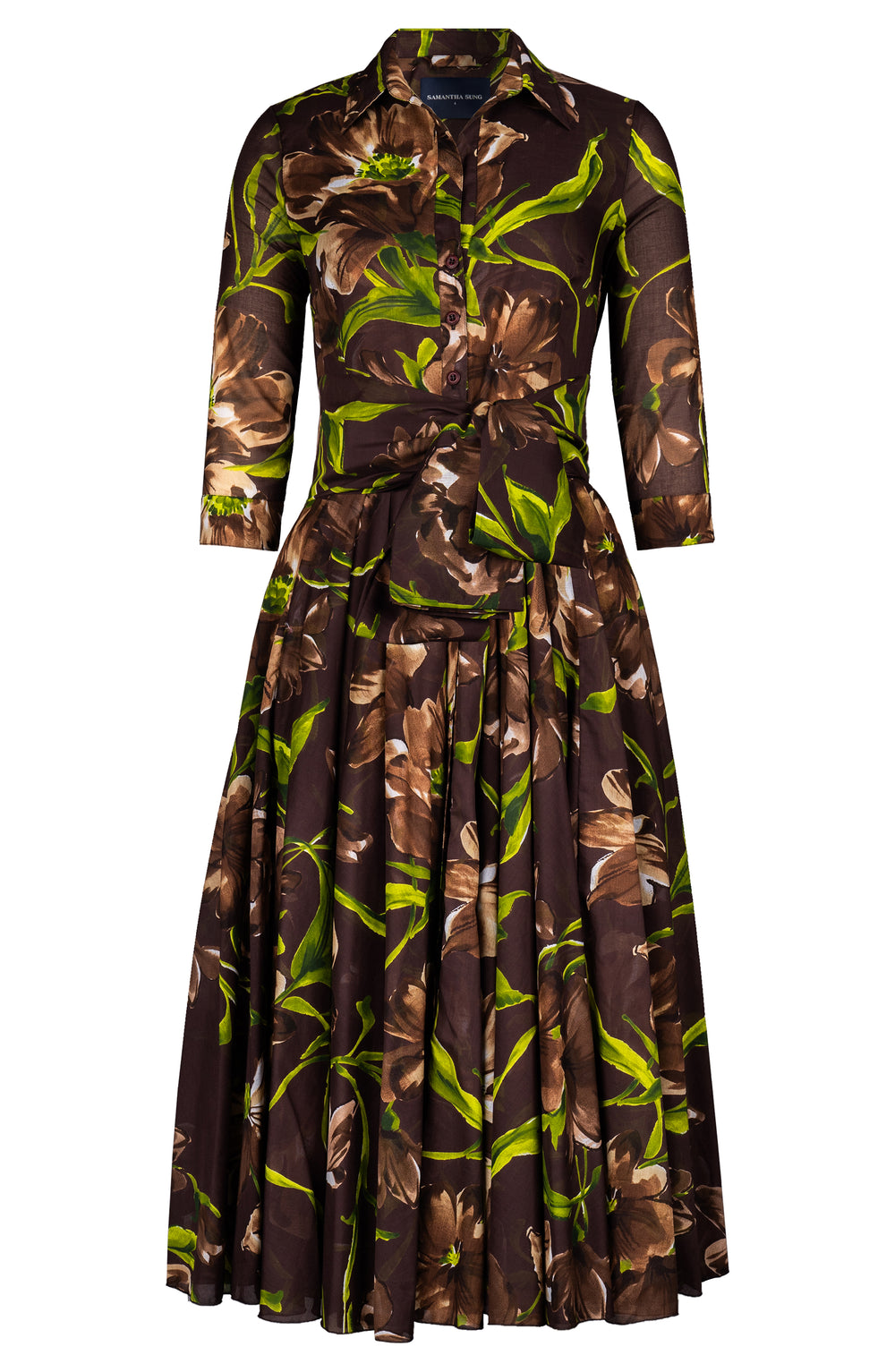 Aster Dress Shirt Collar 3/4 Sleeve Midi Length Cotton Musola (Karma Flower)