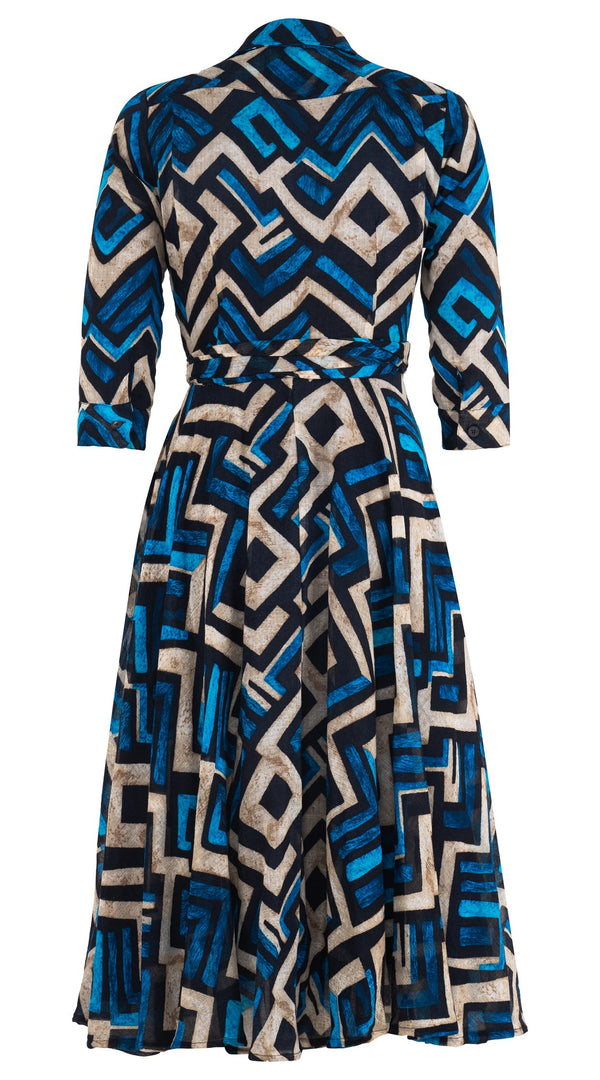 Olivia Dress Shirt Collar 3/4 Sleeve Midi Length Wool Musola (Kente Zigzag)