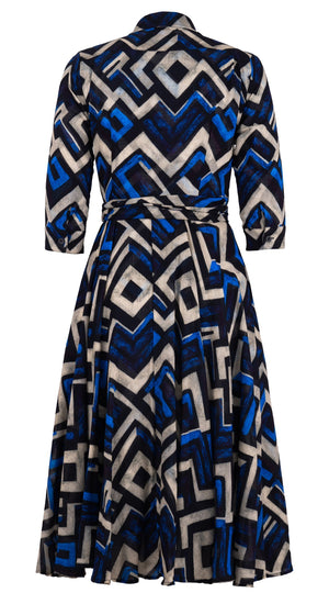 Olivia Dress Shirt Collar 3/4 Sleeve Midi Length Wool Musola (Kente Zigzag) - Blue